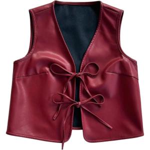 imageVerdusa Womens Western Leather Vest Bow Tie Front V Neck Sleeveless Lightweight Jacket OuterwearBurgundy