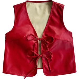 imageVerdusa Womens Western Leather Vest Bow Tie Front V Neck Sleeveless Lightweight Jacket OuterwearRed