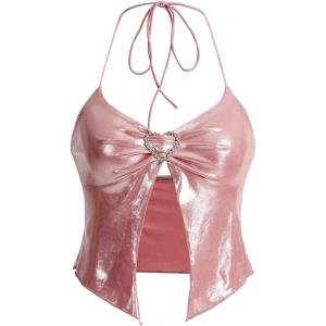 imageVerdusa Womens Y2K Tops Heart Rhinestone Backless Ruched Cami Asymmetrical Split Crop Halter TopPink