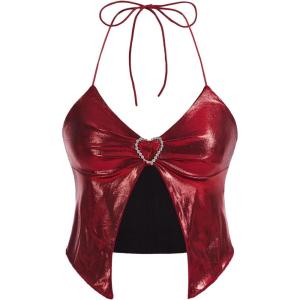 imageVerdusa Womens Y2K Tops Heart Rhinestone Backless Ruched Cami Asymmetrical Split Crop Halter TopRed