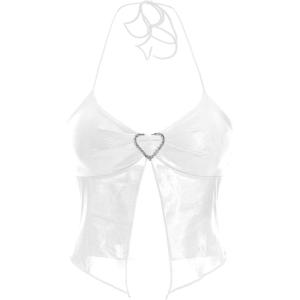imageVerdusa Womens Y2K Tops Heart Rhinestone Backless Ruched Cami Asymmetrical Split Crop Halter TopSilver