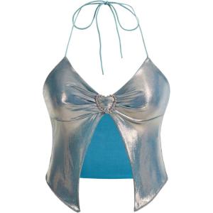 imageVerdusa Womens Y2K Tops Heart Rhinestone Backless Ruched Cami Asymmetrical Split Crop Halter TopSilver Blue