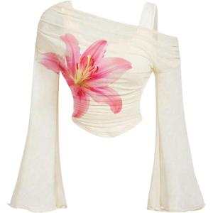 imageVerdusa Womens Y2k Off Shoulder Tops Tie Dye Mesh Long Flared Sleeve Ruched Crop Shirt TopApricot