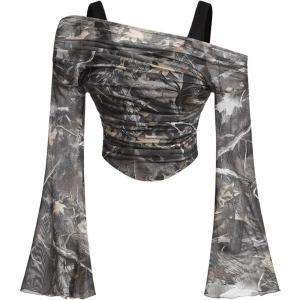 imageVerdusa Womens Y2k Off Shoulder Tops Tie Dye Mesh Long Flared Sleeve Ruched Crop Shirt TopArmy Green