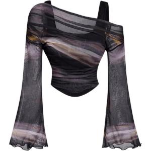 imageVerdusa Womens Y2k Off Shoulder Tops Tie Dye Mesh Long Flared Sleeve Ruched Crop Shirt TopBlack