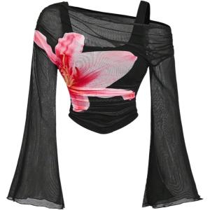 imageVerdusa Womens Y2k Off Shoulder Tops Tie Dye Mesh Long Flared Sleeve Ruched Crop Shirt TopBlack Pink