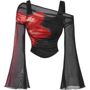 imageVerdusa Womens Y2k Off Shoulder Tops Tie Dye Mesh Long Flared Sleeve Ruched Crop Shirt TopBlackred