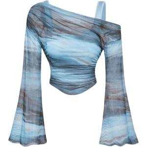 imageVerdusa Womens Y2k Off Shoulder Tops Tie Dye Mesh Long Flared Sleeve Ruched Crop Shirt TopBlue