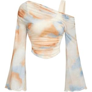 imageVerdusa Womens Y2k Off Shoulder Tops Tie Dye Mesh Long Flared Sleeve Ruched Crop Shirt TopKhaki
