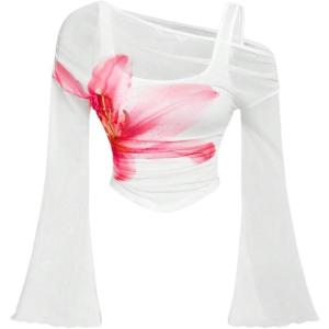 imageVerdusa Womens Y2k Off Shoulder Tops Tie Dye Mesh Long Flared Sleeve Ruched Crop Shirt TopWhite