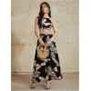 imageVerdusa Womens 2 Piece Outfits Beach Vacation Outfits Tropical Print Tie Back Cami Top and Split Maxi Skirt SetBrown