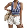 imageVerdusa Womens Colorblock Striped Crop Halter Top Tie Backless V Neck Going Out TopsBlue