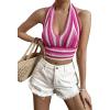 imageVerdusa Womens Colorblock Striped Crop Halter Top Tie Backless V Neck Going Out TopsHot Pink