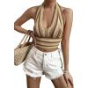 imageVerdusa Womens Colorblock Striped Crop Halter Top Tie Backless V Neck Going Out TopsKhaki