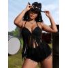 imageVerdusa Womens Fringe Tied Backless Deep V Neck Suede Halter TopBlack