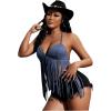 imageVerdusa Womens Fringe Tied Backless Deep V Neck Suede Halter TopBlue