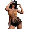 imageVerdusa Womens Fringe Tied Backless Deep V Neck Suede Halter TopBrown