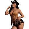 imageVerdusa Womens Fringe Tied Backless Deep V Neck Suede Halter TopBrown