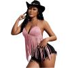 imageVerdusa Womens Fringe Tied Backless Deep V Neck Suede Halter TopDusty Pink