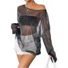 imageVerdusa Womens Glitter Mesh See Through Top Long Sleeve Oversized Tee ShirtBlack