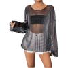 imageVerdusa Womens Glitter Mesh See Through Top Long Sleeve Oversized Tee ShirtBlack