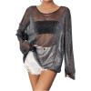 imageVerdusa Womens Glitter Mesh See Through Top Long Sleeve Oversized Tee ShirtBlack