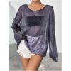imageVerdusa Womens Glitter Mesh See Through Top Long Sleeve Oversized Tee ShirtBlue