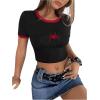 imageVerdusa Womens Graphic Tee Embroidery Vintage Top Contrast Trim Ribbed Round Neck T ShirtBlack
