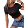 imageVerdusa Womens Graphic Tee Embroidery Vintage Top Contrast Trim Ribbed Round Neck T ShirtBlack