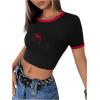 imageVerdusa Womens Graphic Tee Embroidery Vintage Top Contrast Trim Ribbed Round Neck T ShirtBlack