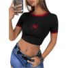 imageVerdusa Womens Graphic Tee Embroidery Vintage Top Contrast Trim Ribbed Round Neck T ShirtBlack