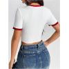 imageVerdusa Womens Graphic Tee Embroidery Vintage Top Contrast Trim Ribbed Round Neck T ShirtWhite