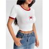 imageVerdusa Womens Graphic Tee Embroidery Vintage Top Contrast Trim Ribbed Round Neck T ShirtWhite