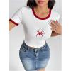 imageVerdusa Womens Graphic Tee Embroidery Vintage Top Contrast Trim Ribbed Round Neck T ShirtWhite