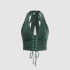 imageVerdusa Womens Sleeveless Halter Neck Lace Up Front Tie Back Crop TopDark Green