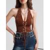 imageVerdusa Womens Sleeveless Halter Neck Lace Up Front Tie Back Crop TopRust Brown