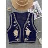 imageVerdusa Womens Vintage Embroidery Vest Top Open Front Sleeveless Cropped Cardigan Boho Cowgirl Vest JacketDark Blue