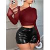 imageVerdusa Womens Y2k Mesh Long Sleeve Crop Tops Asymmetrical Neck Ruched Fitted T ShirtsBurgundy