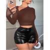 imageVerdusa Womens Y2k Mesh Long Sleeve Crop Tops Asymmetrical Neck Ruched Fitted T ShirtsChocolate Brown