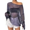 imageVerdusa Womens Glitter Mesh See Through Top Long Sleeve Oversized Tee ShirtBlue