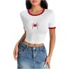 imageVerdusa Womens Graphic Tee Embroidery Vintage Top Contrast Trim Ribbed Round Neck T ShirtWhite