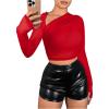 imageVerdusa Womens Y2k Mesh Long Sleeve Crop Tops Asymmetrical Neck Ruched Fitted T ShirtsRed