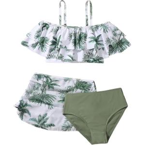 imageVerdusa Girls 3 Piece Swimsuit Bathing Suit High Waist Bikini Sets with Cover UpWhite Green