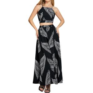 imageVerdusa Womens 2 Piece Outfits Beach Vacation Outfits Tropical Print Tie Back Cami Top and Split Maxi Skirt SetBlack Tropical