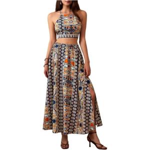 imageVerdusa Womens 2 Piece Outfits Beach Vacation Outfits Tropical Print Tie Back Cami Top and Split Maxi Skirt SetBlue