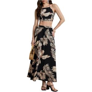 imageVerdusa Womens 2 Piece Outfits Beach Vacation Outfits Tropical Print Tie Back Cami Top and Split Maxi Skirt SetBrown