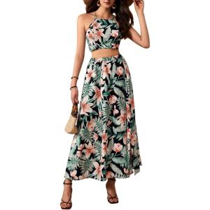 imageVerdusa Womens 2 Piece Outfits Beach Vacation Outfits Tropical Print Tie Back Cami Top and Split Maxi Skirt SetGreen