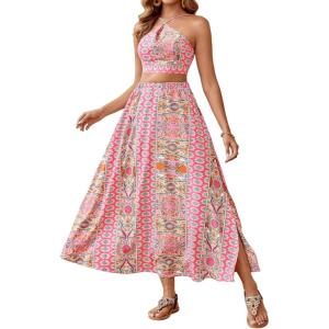 imageVerdusa Womens 2 Piece Outfits Beach Vacation Outfits Tropical Print Tie Back Cami Top and Split Maxi Skirt SetHot Pink