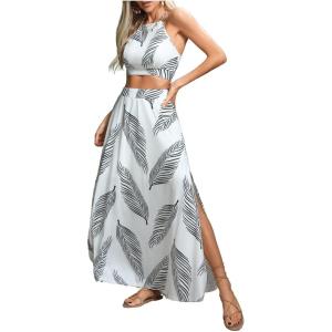 imageVerdusa Womens 2 Piece Outfits Beach Vacation Outfits Tropical Print Tie Back Cami Top and Split Maxi Skirt SetWhite