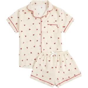imageVerdusa Womens 2 Piece Pajama Set Matching Pjs Sets Cute Printed Sleepwear Button Up Shirt with Lounge Shorts SetApricot